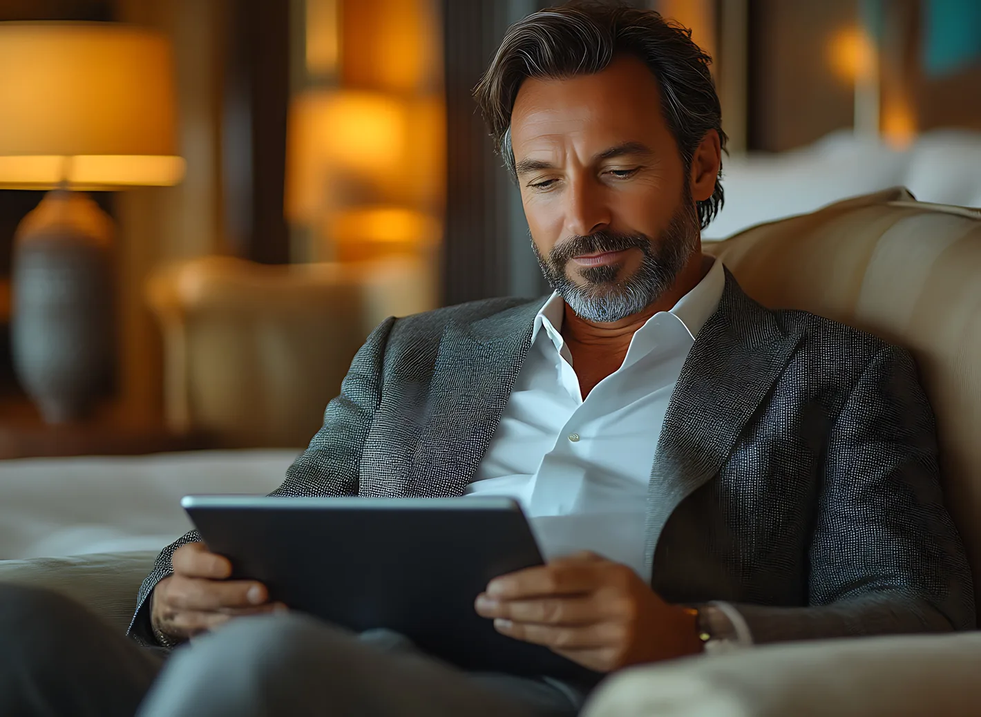 Hombre leyendo en una tablet en un ambiente cálido